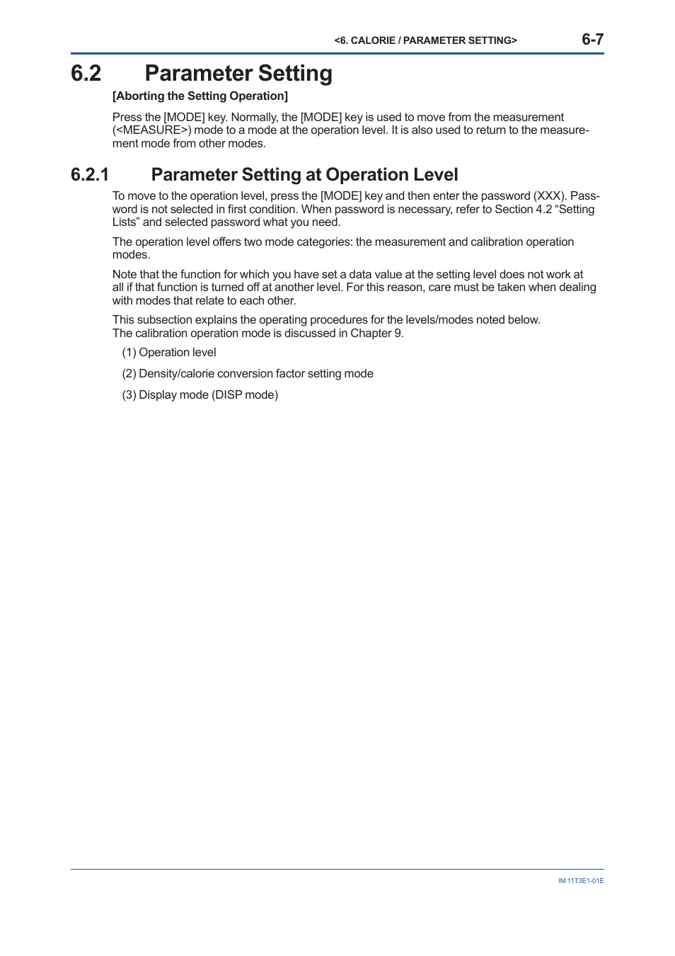 2 parameter setting, 1 parameter setting at operation level, Parameter setting -7 6.2.1 | Parameter setting at operation level -7 | Yokogawa GD40 Gas Density Detector User Manual | Page 96 / 178