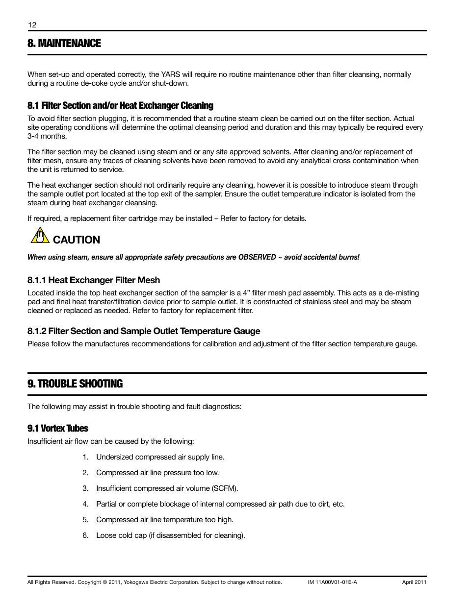 Maintenance, Trouble shooting, Caution | 1 vortex tubes | Yokogawa Advanced Reflux Sampler User Manual | Page 12 / 28