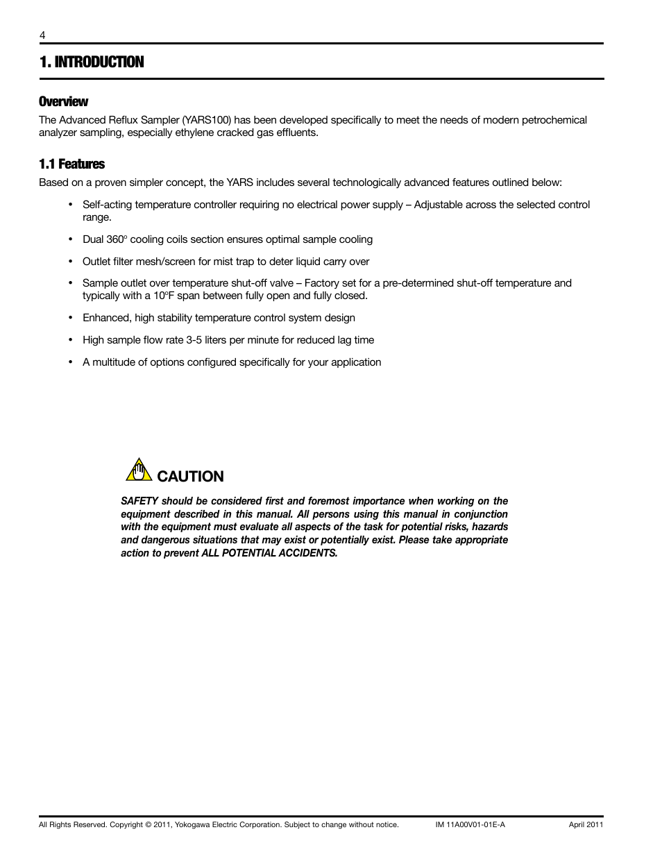 Introduction, Caution, Overview | 1 features | Yokogawa Advanced Reflux Sampler User Manual | Page 4 / 28