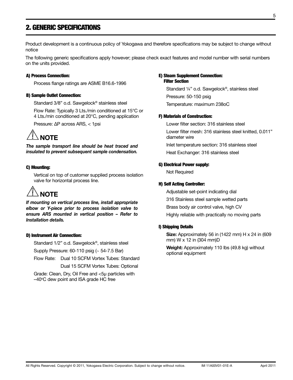 Generic specifications | Yokogawa Advanced Reflux Sampler User Manual | Page 5 / 28