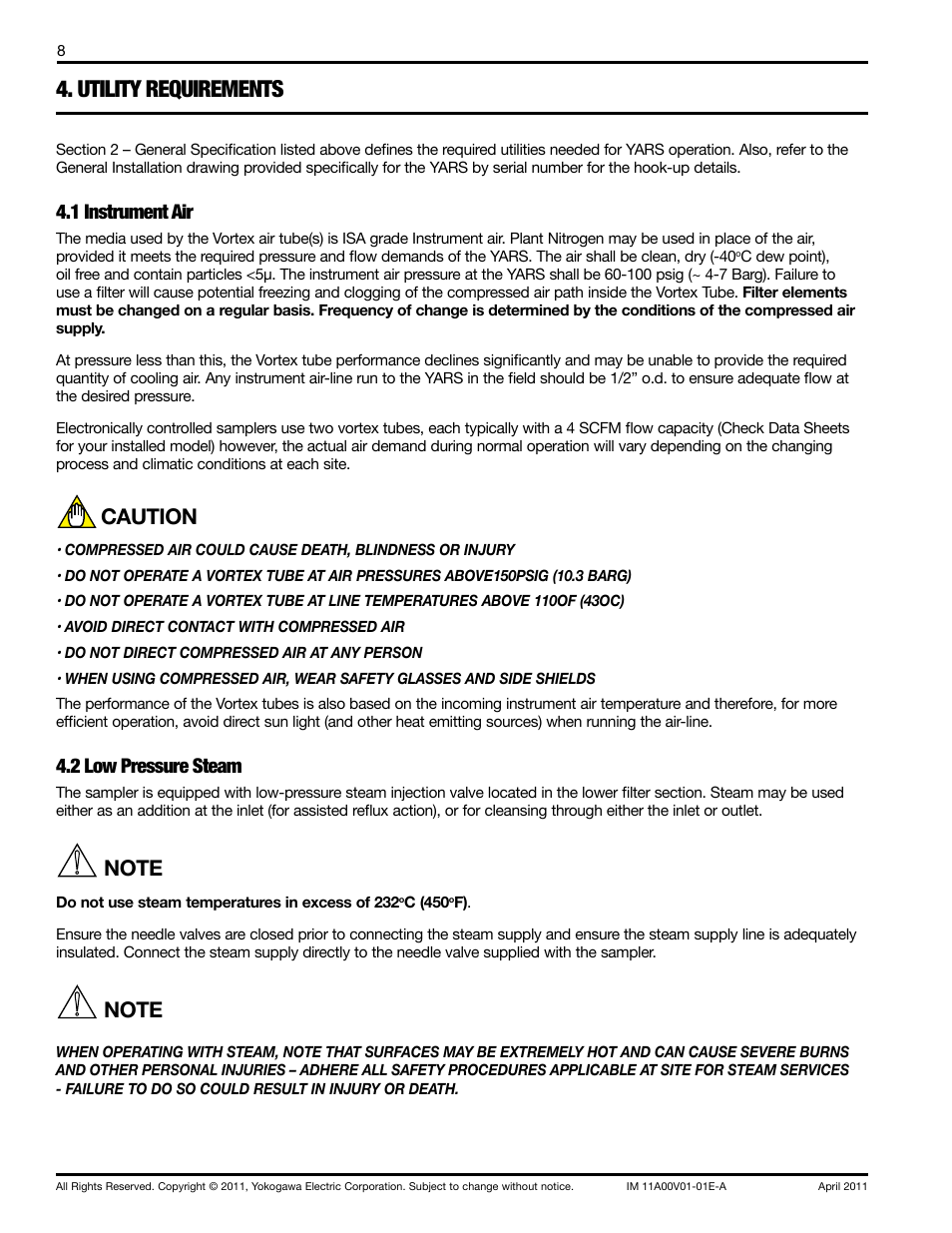 Utility requirements, Caution, 1 instrument air | 2 low pressure steam | Yokogawa Advanced Reflux Sampler User Manual | Page 8 / 28