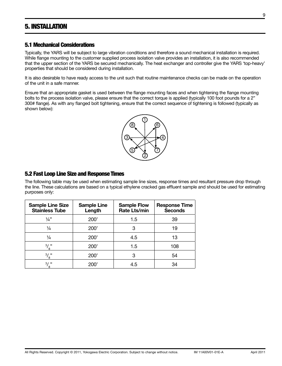 Installation, 1 mechanical considerations, 2 fast loop line size and response times | Yokogawa Advanced Reflux Sampler User Manual | Page 9 / 28