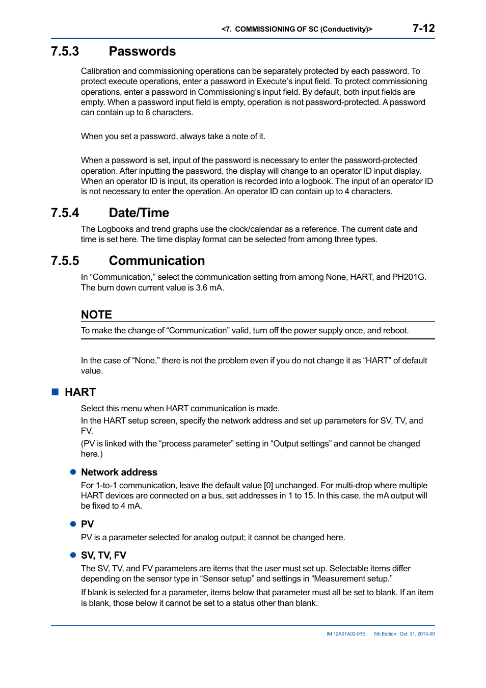 3 passwords, 4 date/time, 5 communication | 3 passwords -12 7.5.4, Date/time -12, 5 communication -12, Nhart | Yokogawa 2-Wire Dual Channel Transmitter/Analyzer FLXA21 User Manual | Page 104 / 246