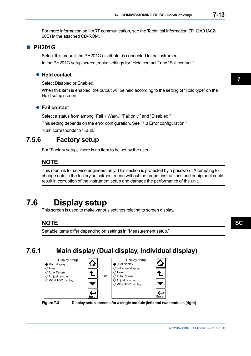 6 factory setup, 6 display setup, 1 main display (dual display, individual display) | Factory setup -13, Display setup -13 7.6.1, Nph201g, Sc 7 | Yokogawa 2-Wire Dual Channel Transmitter/Analyzer FLXA21 User Manual | Page 105 / 246