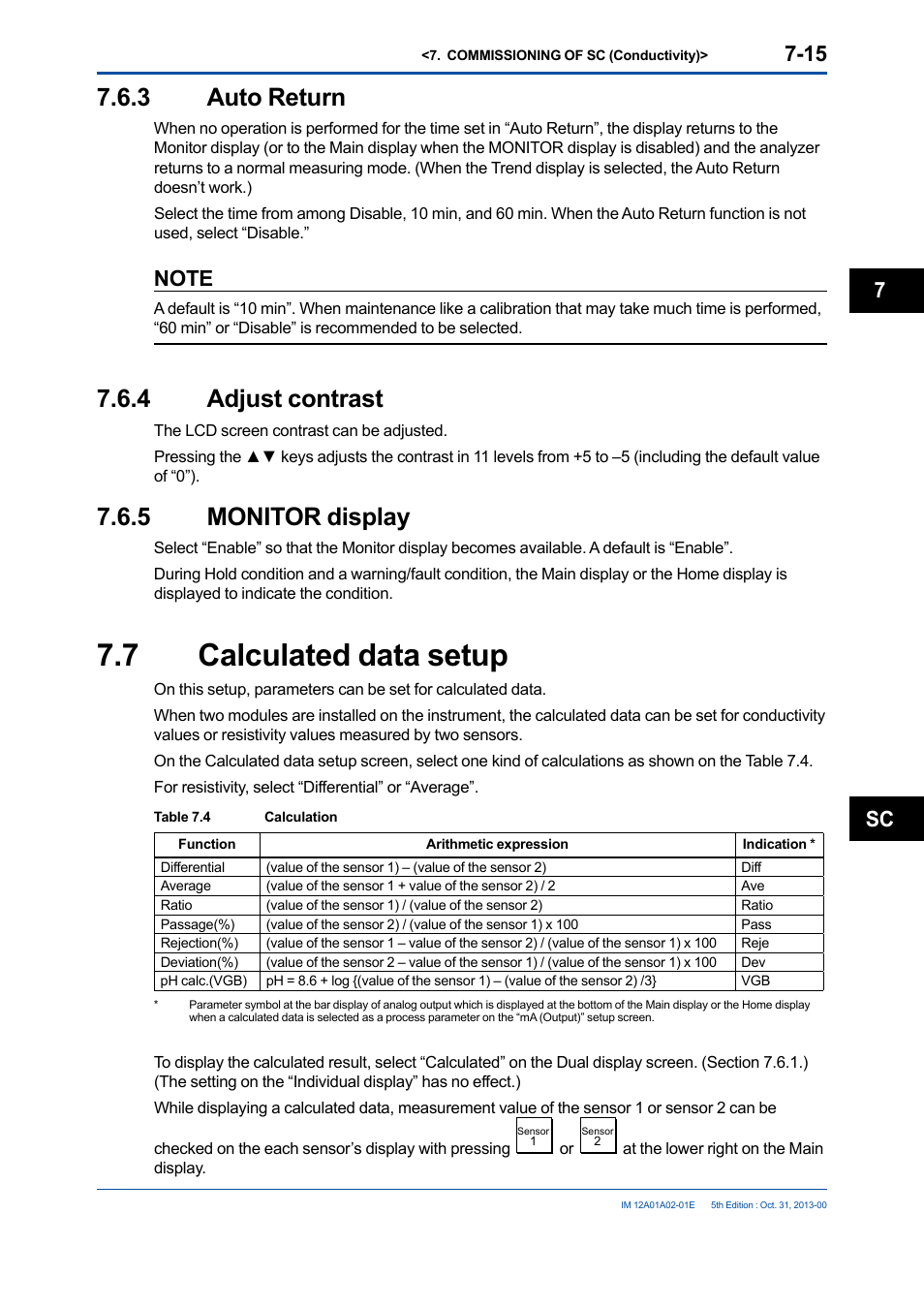 3 auto return, 4 adjust contrast, 5 monitor display | 7 calculated data setup, Auto return -15, Adjust contrast -15, Monitor display -15, Calculated data setup -15, Sc 7 | Yokogawa 2-Wire Dual Channel Transmitter/Analyzer FLXA21 User Manual | Page 107 / 246