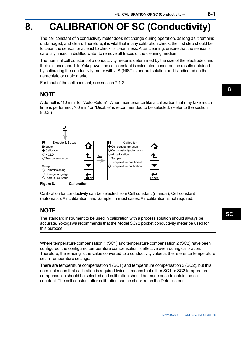 Calibration of sc (conductivity), Calibration of sc (conductivity) -1, Sc 8 | Yokogawa 2-Wire Dual Channel Transmitter/Analyzer FLXA21 User Manual | Page 109 / 246