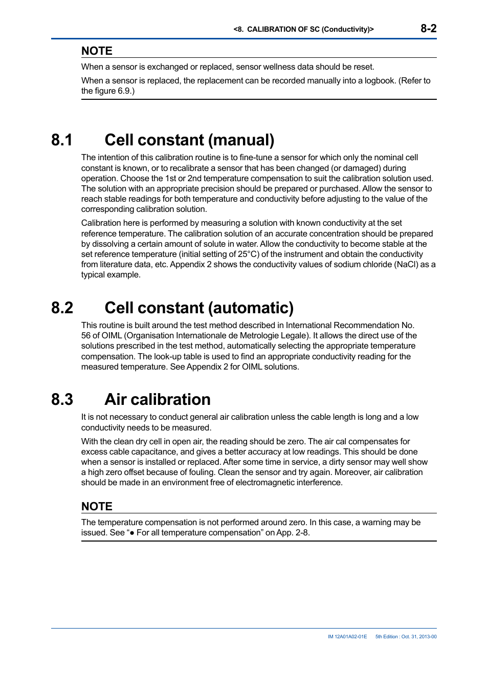 1 cell constant (manual), 2 cell constant (automatic), 3 air calibration | Cell constant (manual) -2, Cell constant (automatic) -2, Air calibration -2 | Yokogawa 2-Wire Dual Channel Transmitter/Analyzer FLXA21 User Manual | Page 110 / 246