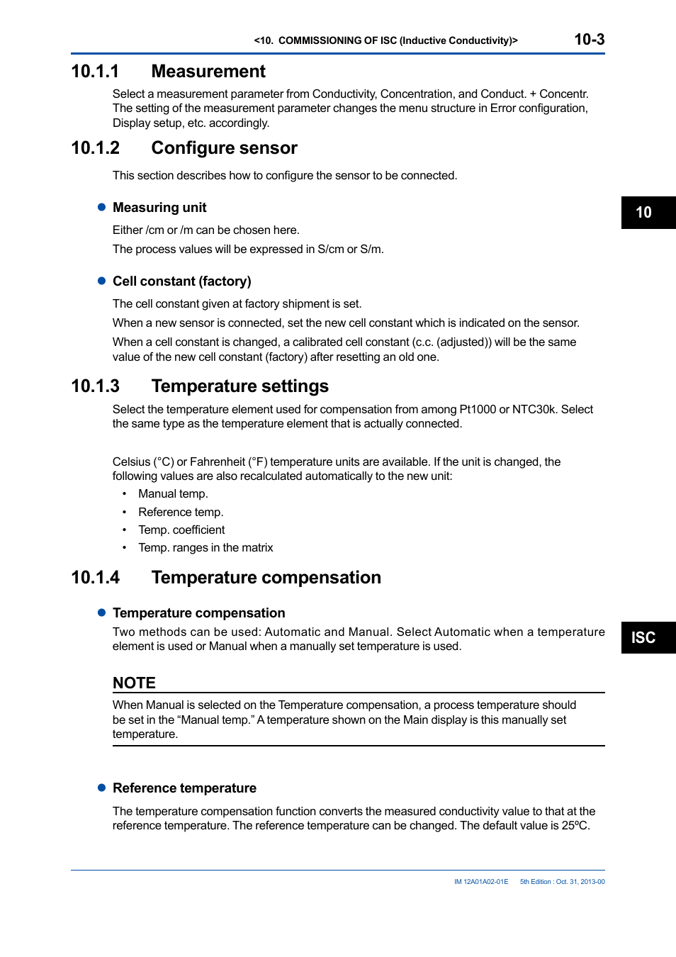 1 measurement, 2 configure sensor, 3 temperature settings | 4 temperature compensation, 1 measurement -3 10.1.2, Configure sensor -3, Temperature settings -3, Temperature compensation -3, Isc 10 | Yokogawa 2-Wire Dual Channel Transmitter/Analyzer FLXA21 User Manual | Page 126 / 246