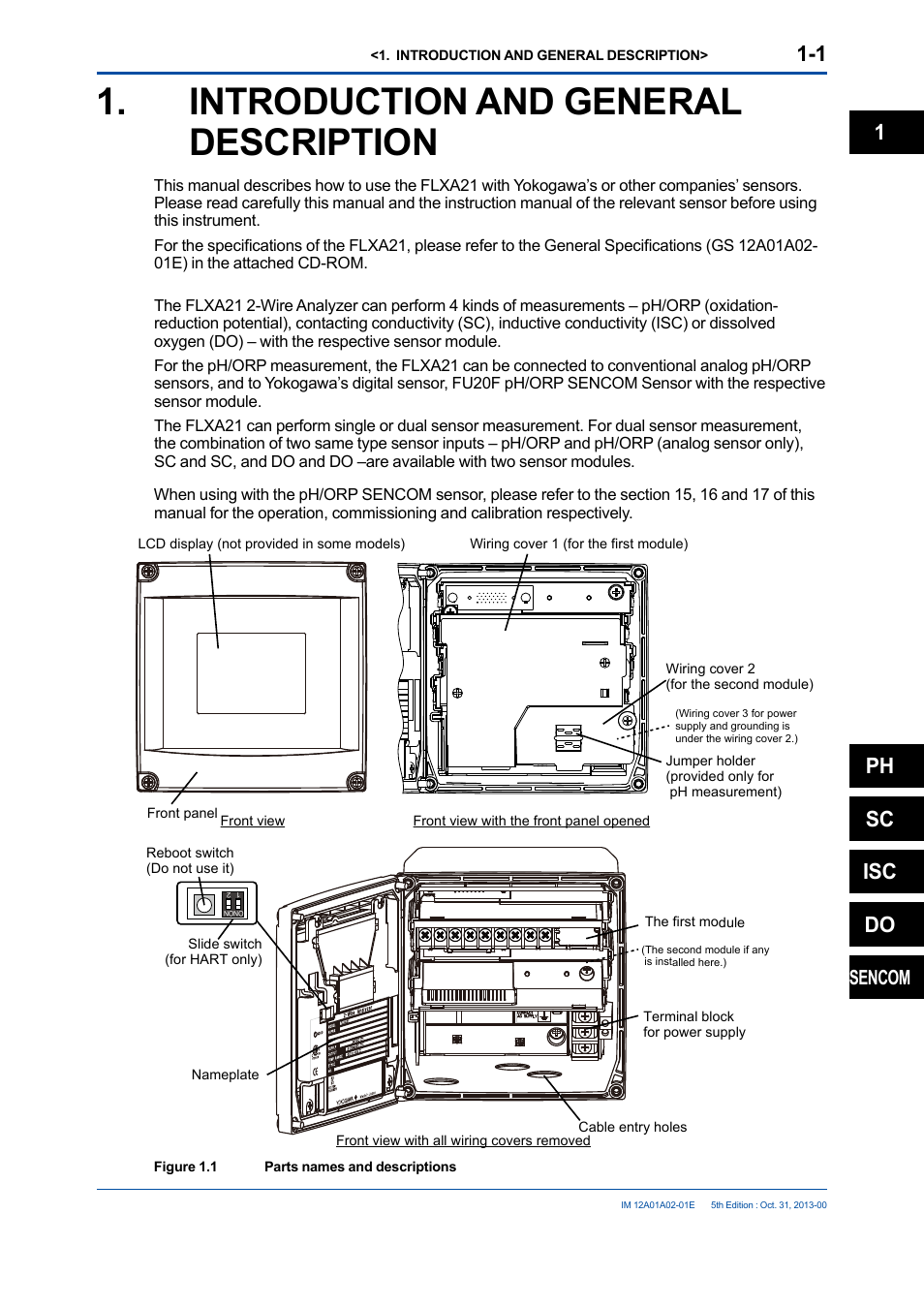 Introduction and general description, Introduction and general description -1, 1ph sc isc do | Sencom | Yokogawa 2-Wire Dual Channel Transmitter/Analyzer FLXA21 User Manual | Page 13 / 246