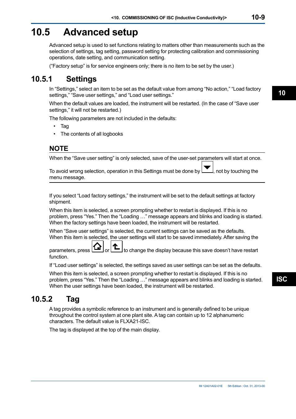 5 advanced setup, 1 settings, 2 tag | Advanced setup -9 10.5.1 settings -9 10.5.2 tag -9, Isc 10 | Yokogawa 2-Wire Dual Channel Transmitter/Analyzer FLXA21 User Manual | Page 132 / 246