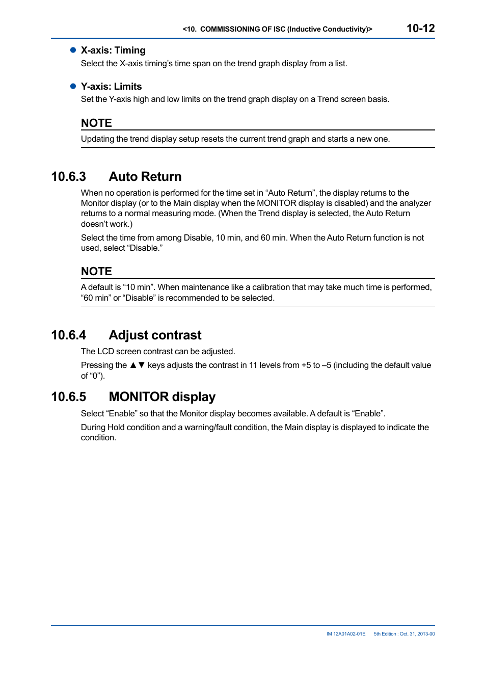 3 auto return, 4 adjust contrast, 5 monitor display | Auto return -12, Adjust contrast -12, Monitor display -12 | Yokogawa 2-Wire Dual Channel Transmitter/Analyzer FLXA21 User Manual | Page 135 / 246