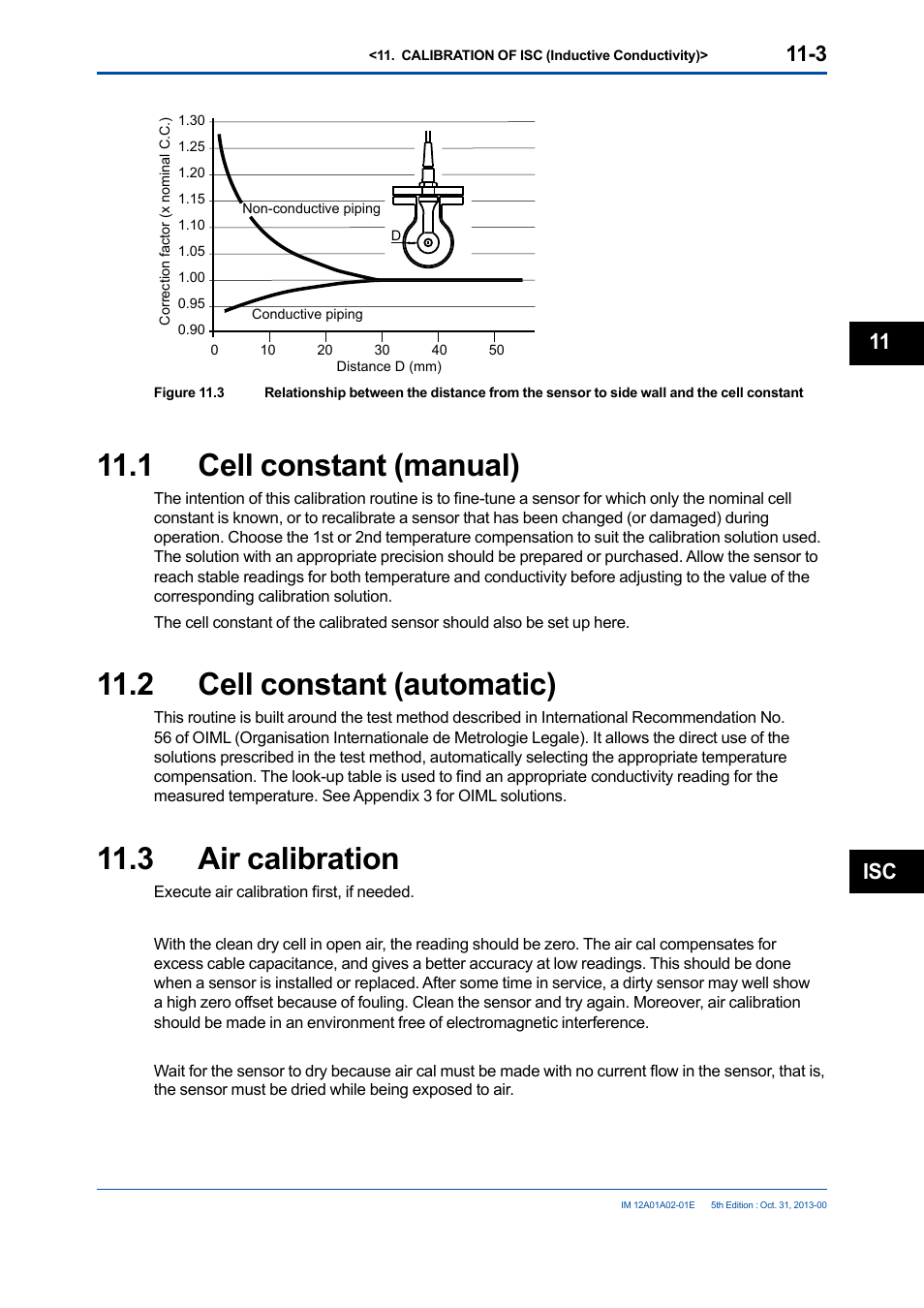 1 cell constant (manual), 2 cell constant (automatic), 3 air calibration | Cell constant (manual) -3, Cell constant (automatic) -3, Air calibration -3, Isc 11 | Yokogawa 2-Wire Dual Channel Transmitter/Analyzer FLXA21 User Manual | Page 138 / 246