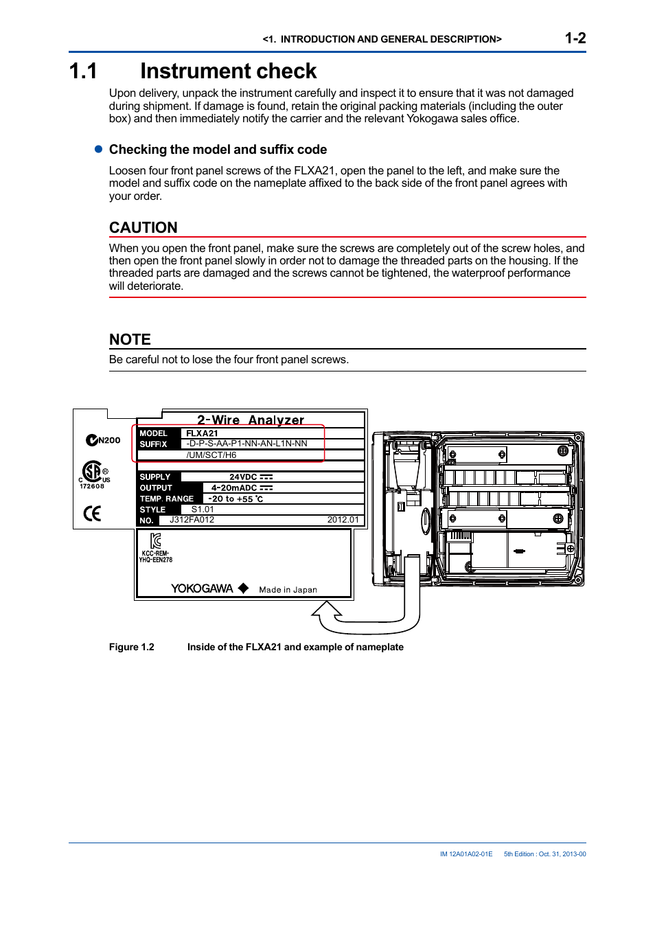 1 instrument check, Instrument check -2, Caution | Yokogawa 2-Wire Dual Channel Transmitter/Analyzer FLXA21 User Manual | Page 14 / 246