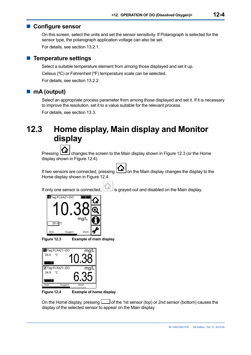 3 home display, main display and monitor display, Home display, main display and monitor display -4, Nconfigure sensor | Ntemperature settings, Nma (output) | Yokogawa 2-Wire Dual Channel Transmitter/Analyzer FLXA21 User Manual | Page 144 / 246