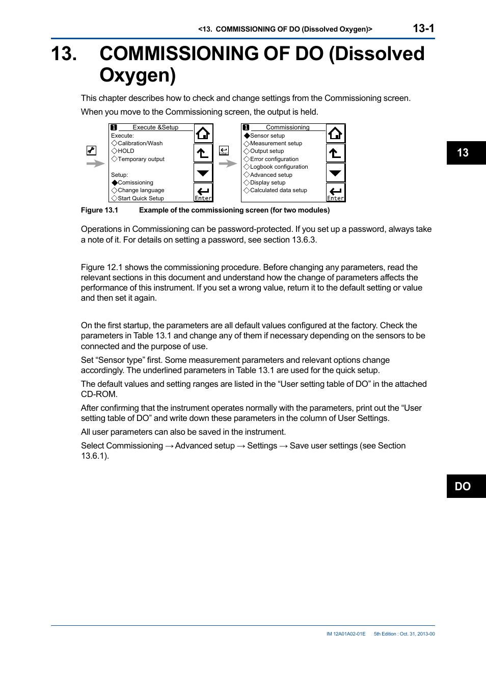 Commissioning of do (dissolved oxygen), Commissioning of do (dissolved oxygen) -1, Do 13 | Yokogawa 2-Wire Dual Channel Transmitter/Analyzer FLXA21 User Manual | Page 152 / 246