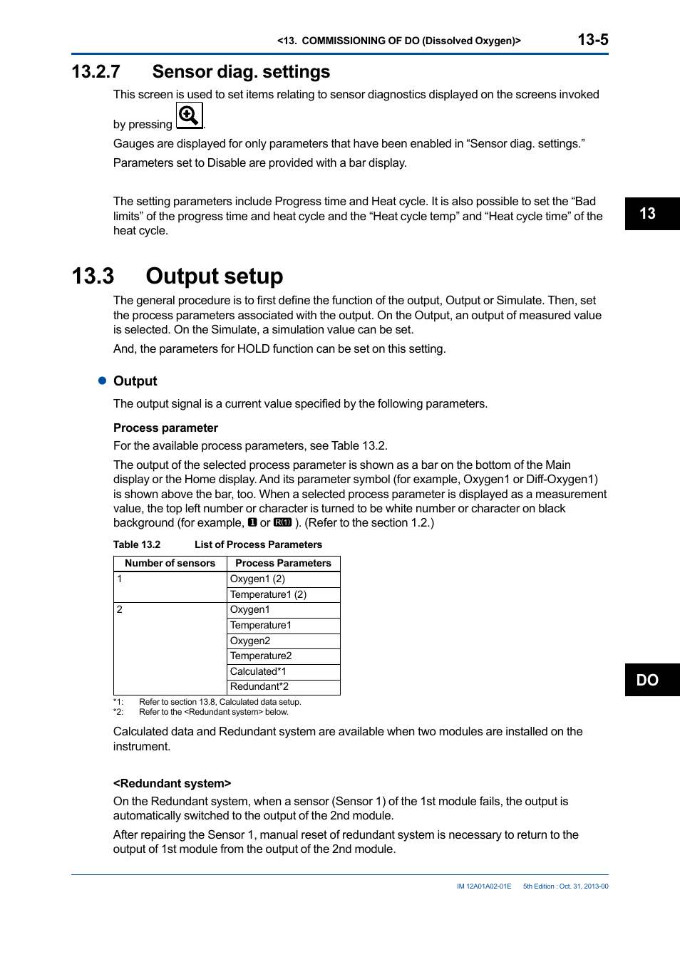 7 sensor diag. settings, 3 output setup, Sensor diag. settings -5 | Output setup -5, Do 13 | Yokogawa 2-Wire Dual Channel Transmitter/Analyzer FLXA21 User Manual | Page 156 / 246