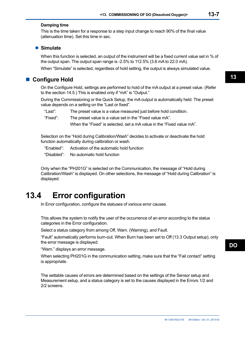 4 error configuration, Error configuration -7, Nconfigure hold | Do 13 | Yokogawa 2-Wire Dual Channel Transmitter/Analyzer FLXA21 User Manual | Page 158 / 246