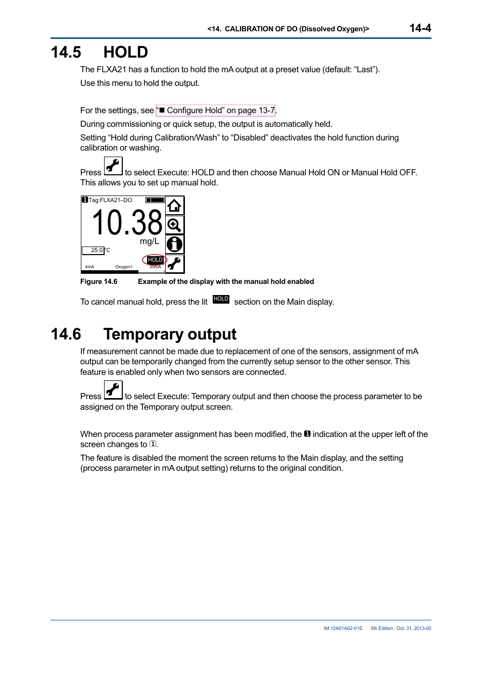 5 hold, 6 temporary output, 5 hold -4 14.6 | Temporary output -4 | Yokogawa 2-Wire Dual Channel Transmitter/Analyzer FLXA21 User Manual | Page 169 / 246