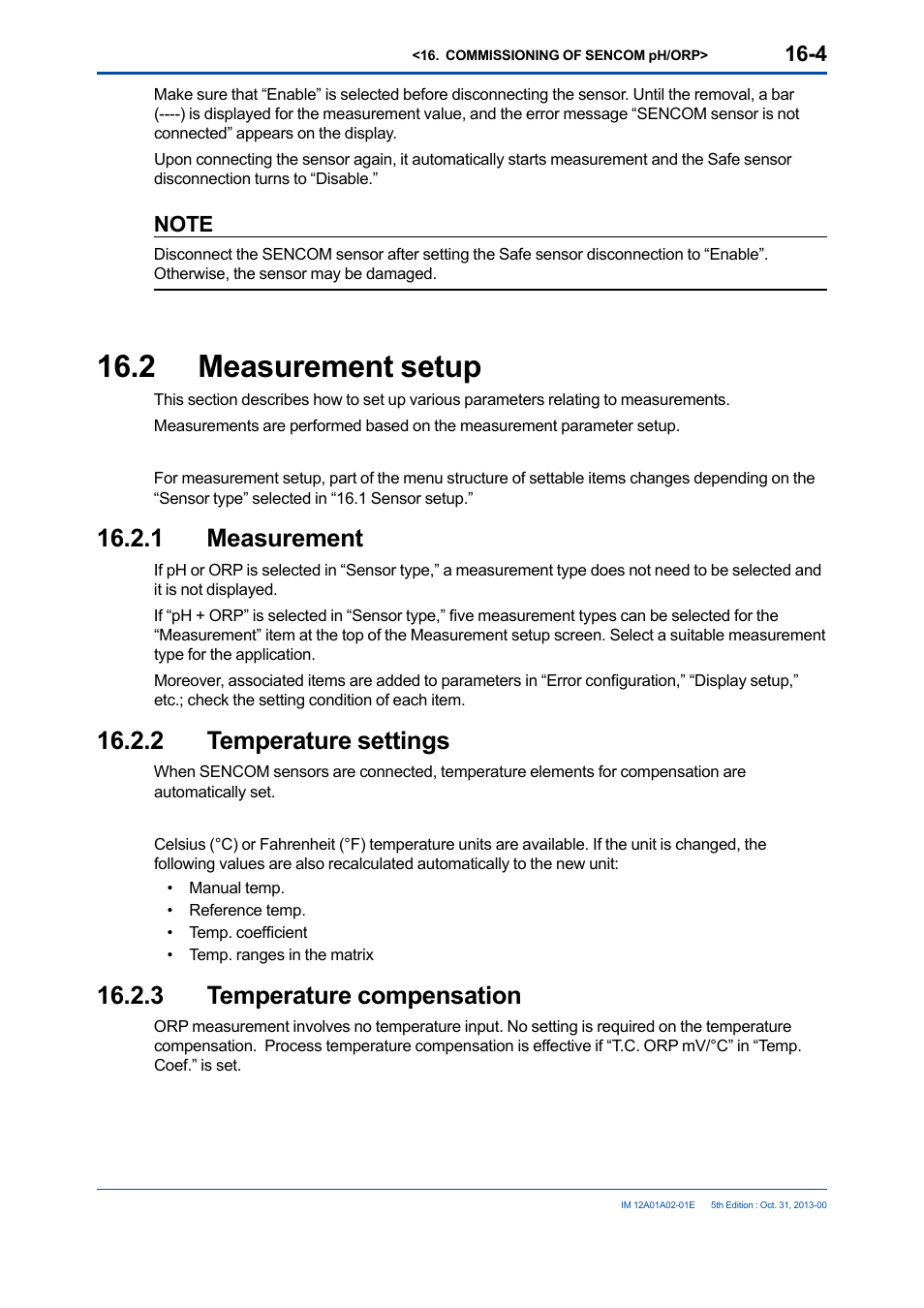 2 measurement setup, 1 measurement, 2 temperature settings | 3 temperature compensation, Measurement setup -4 16.2.1 measurement -4 16.2.2, Temperature settings -4, Temperature compensation -4 | Yokogawa 2-Wire Dual Channel Transmitter/Analyzer FLXA21 User Manual | Page 187 / 246