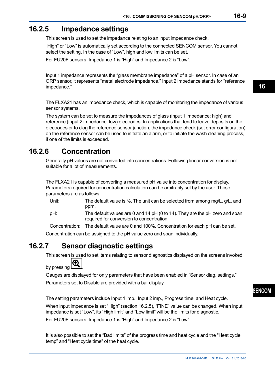 5 impedance settings, 6 concentration, 7 sensor diagnostic settings | Impedance settings -9, 6 concentration -9 16.2.7, Sensor diagnostic settings -9 | Yokogawa 2-Wire Dual Channel Transmitter/Analyzer FLXA21 User Manual | Page 192 / 246