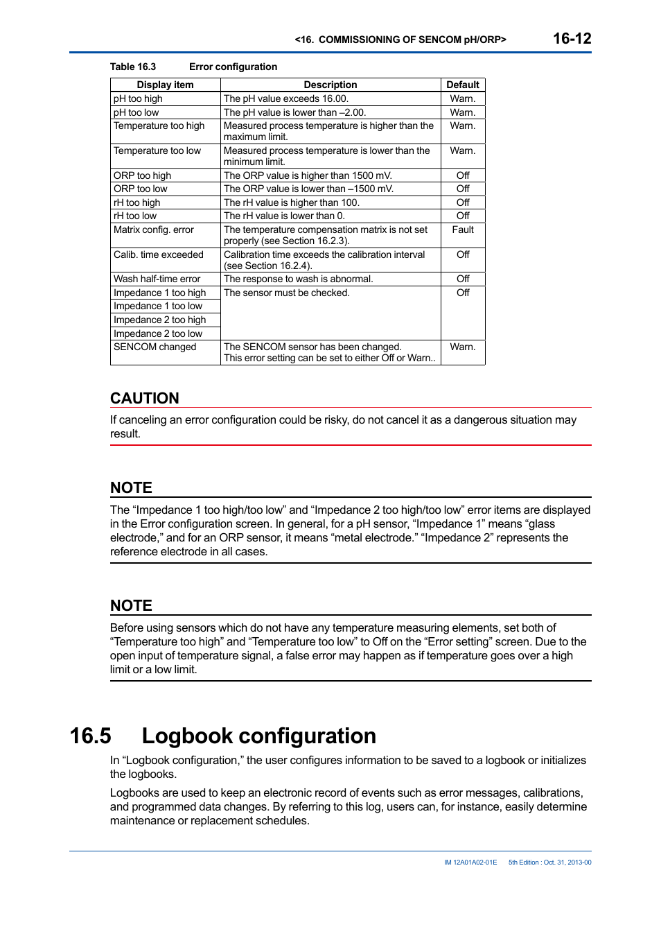 5 logbook configuration, Logbook configuration -12, Caution | Yokogawa 2-Wire Dual Channel Transmitter/Analyzer FLXA21 User Manual | Page 195 / 246