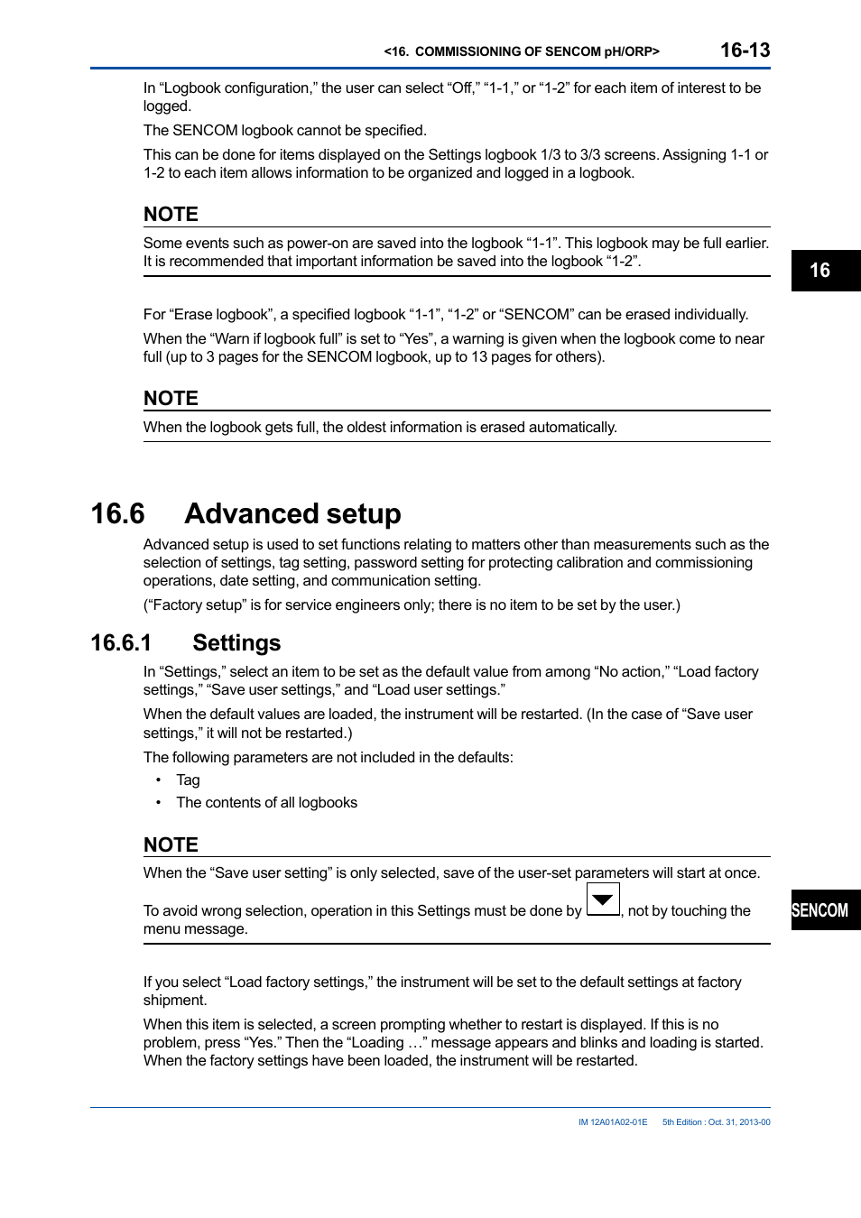 6 advanced setup, 1 settings, Advanced setup -13 16.6.1 settings -13 | Yokogawa 2-Wire Dual Channel Transmitter/Analyzer FLXA21 User Manual | Page 196 / 246