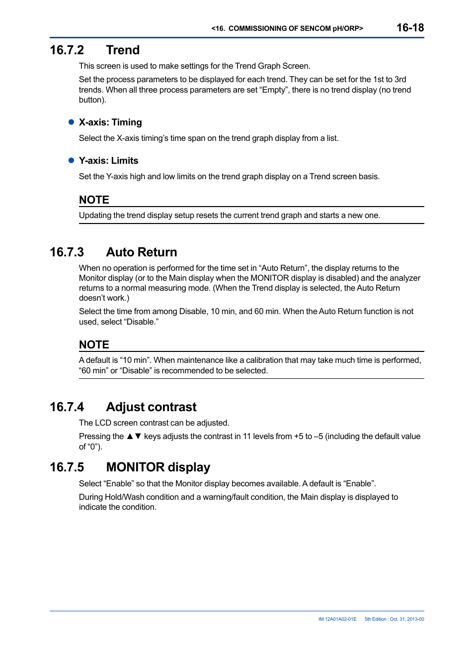 2 trend, 3 auto return, 4 adjust contrast | 5 monitor display, 2 trend -18 16.7.3, Auto return -18, Adjust contrast -18, Monitor display -18 | Yokogawa 2-Wire Dual Channel Transmitter/Analyzer FLXA21 User Manual | Page 201 / 246