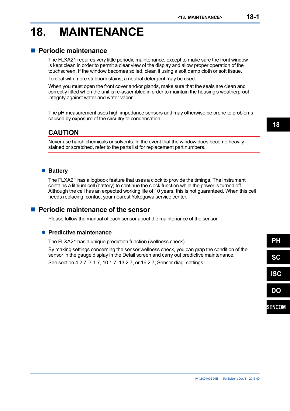 Maintenance, Maintenance -1, Nperiodic maintenance | Caution, Nperiodic maintenance of the sensor, Ph sc isc do | Yokogawa 2-Wire Dual Channel Transmitter/Analyzer FLXA21 User Manual | Page 208 / 246