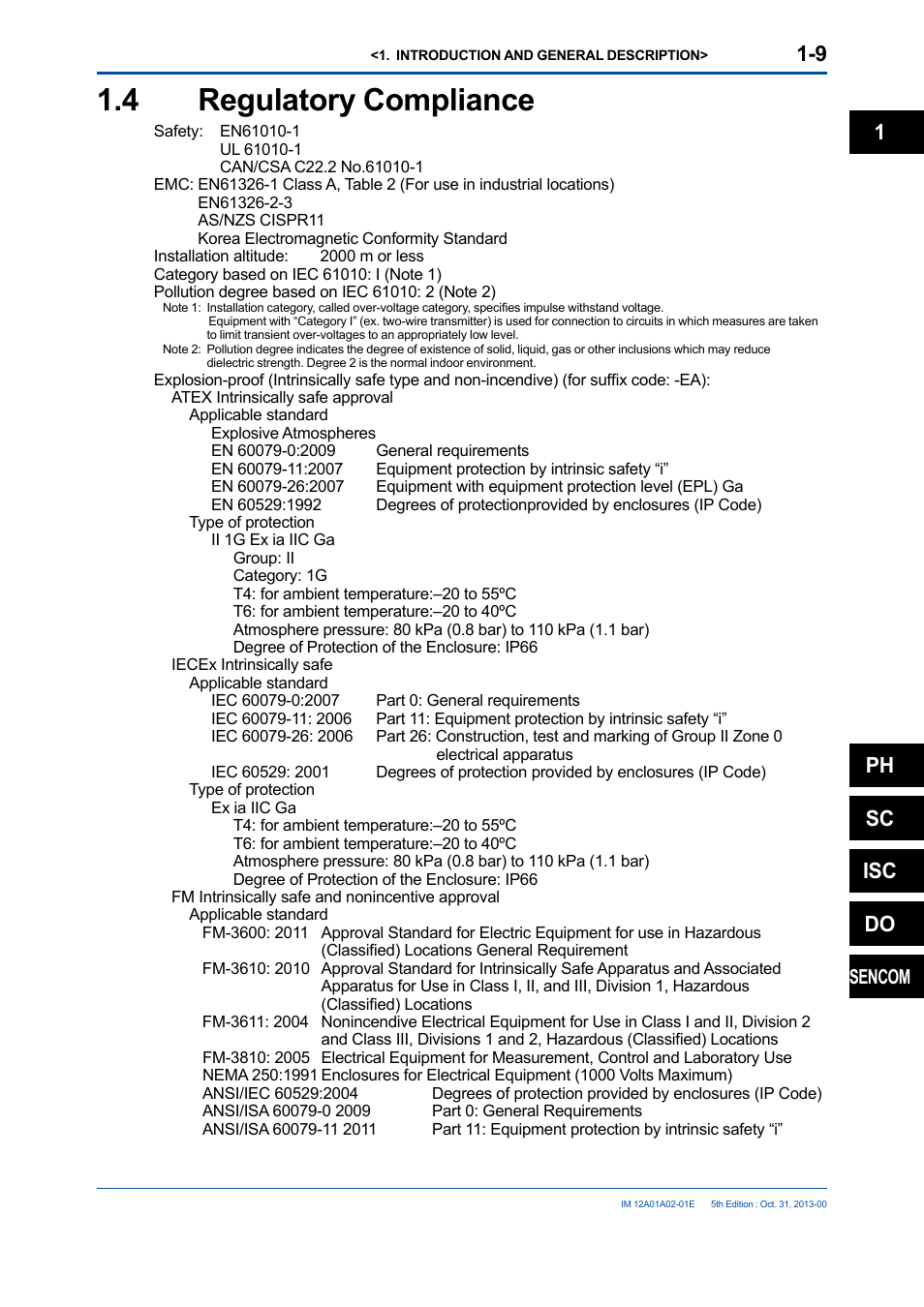 4 regulatory compliance, Regulatory compliance -9, 1ph sc isc do | Sencom | Yokogawa 2-Wire Dual Channel Transmitter/Analyzer FLXA21 User Manual | Page 21 / 246