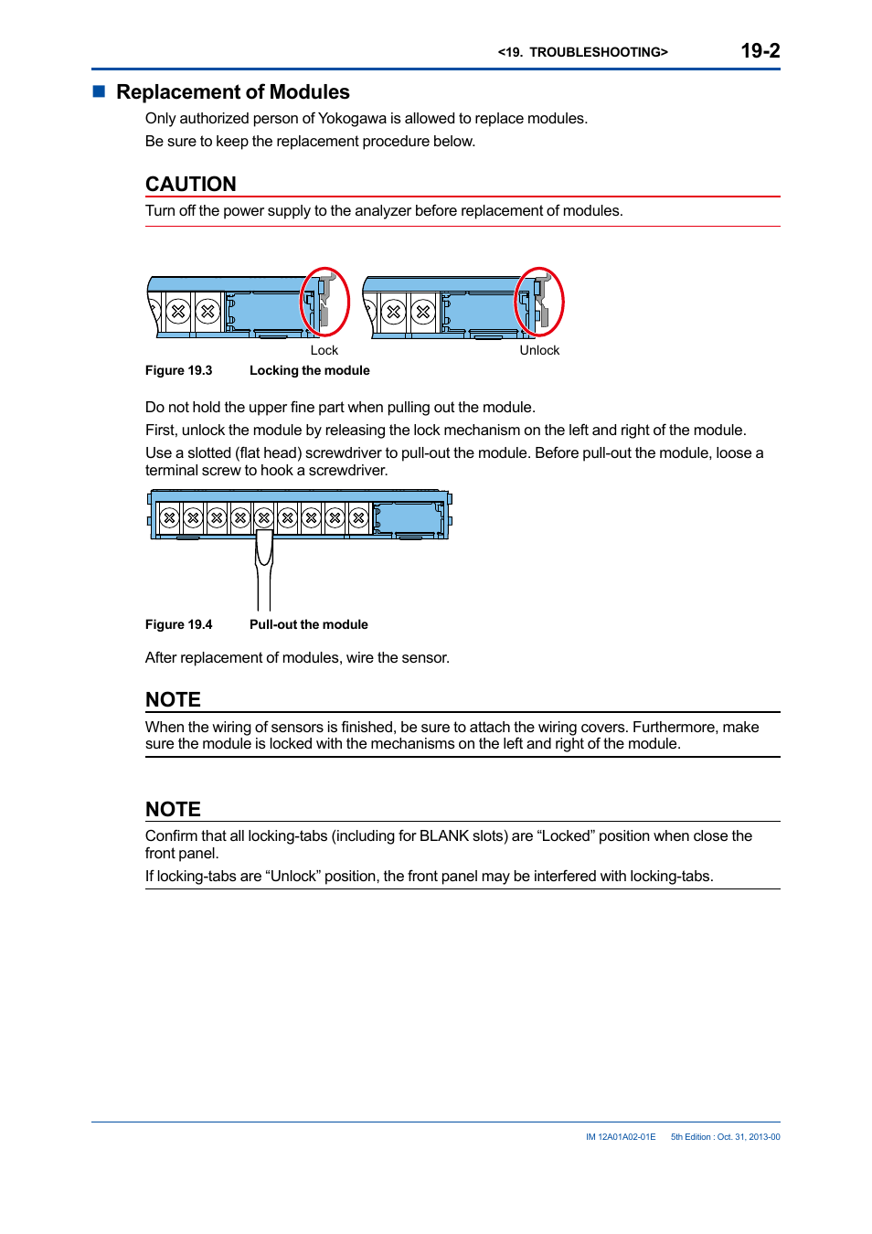Nreplacement of modules, Caution | Yokogawa 2-Wire Dual Channel Transmitter/Analyzer FLXA21 User Manual | Page 210 / 246