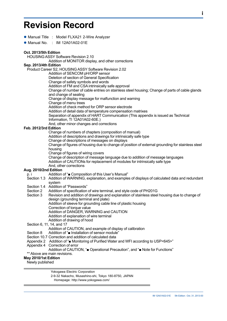 Revision record | Yokogawa 2-Wire Dual Channel Transmitter/Analyzer FLXA21 User Manual | Page 243 / 246