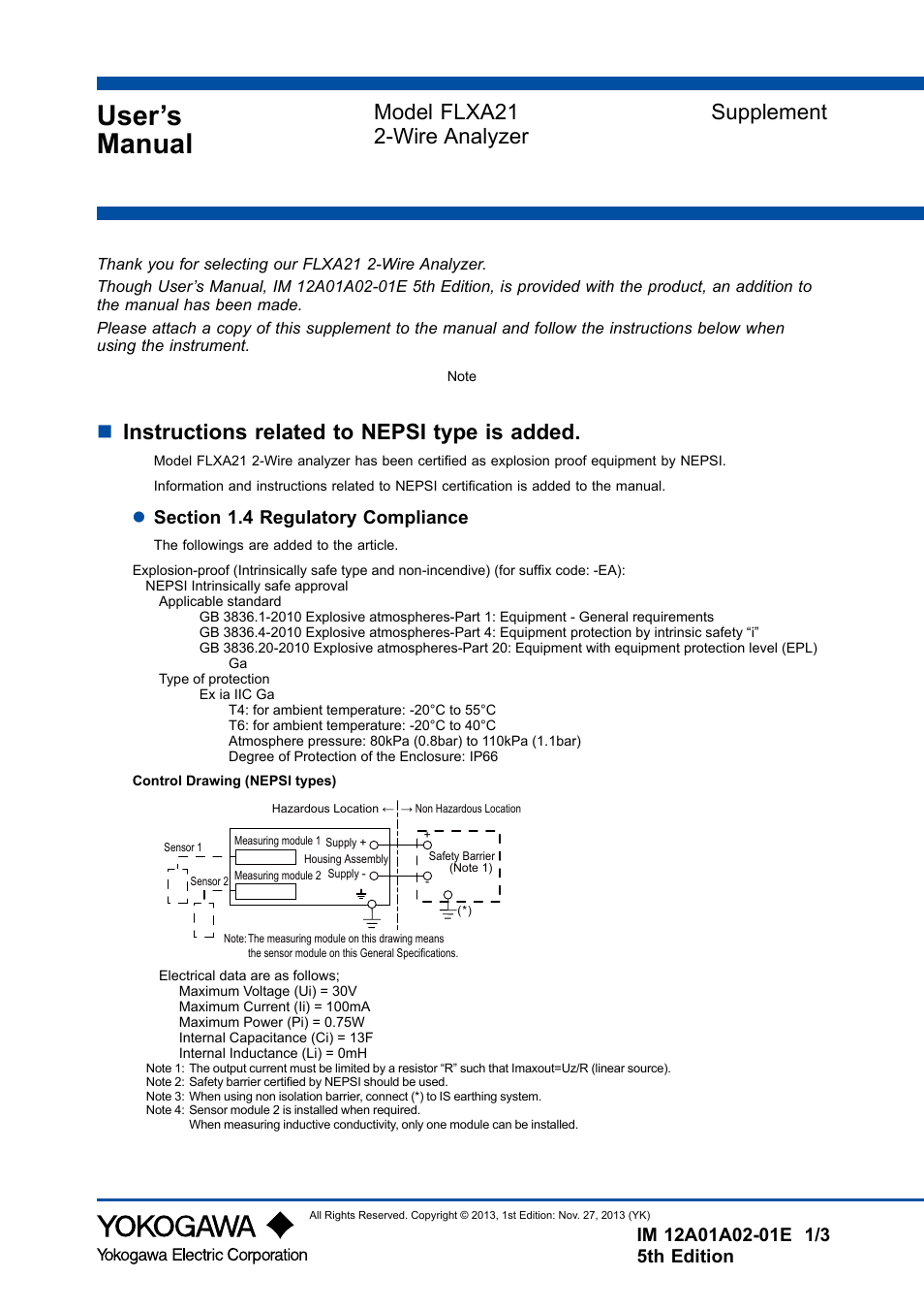 Supplement, User’s manual, Supplement model flxa21 2-wire analyzer | Ninstructions related to nepsi type is added | Yokogawa 2-Wire Dual Channel Transmitter/Analyzer FLXA21 User Manual | Page 244 / 246