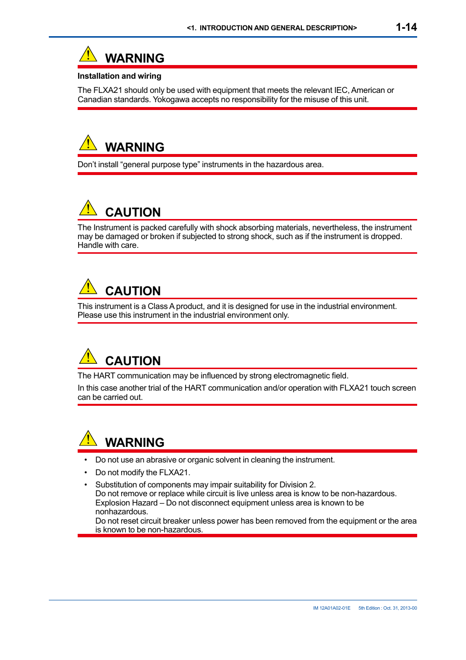 Warning, Caution | Yokogawa 2-Wire Dual Channel Transmitter/Analyzer FLXA21 User Manual | Page 26 / 246