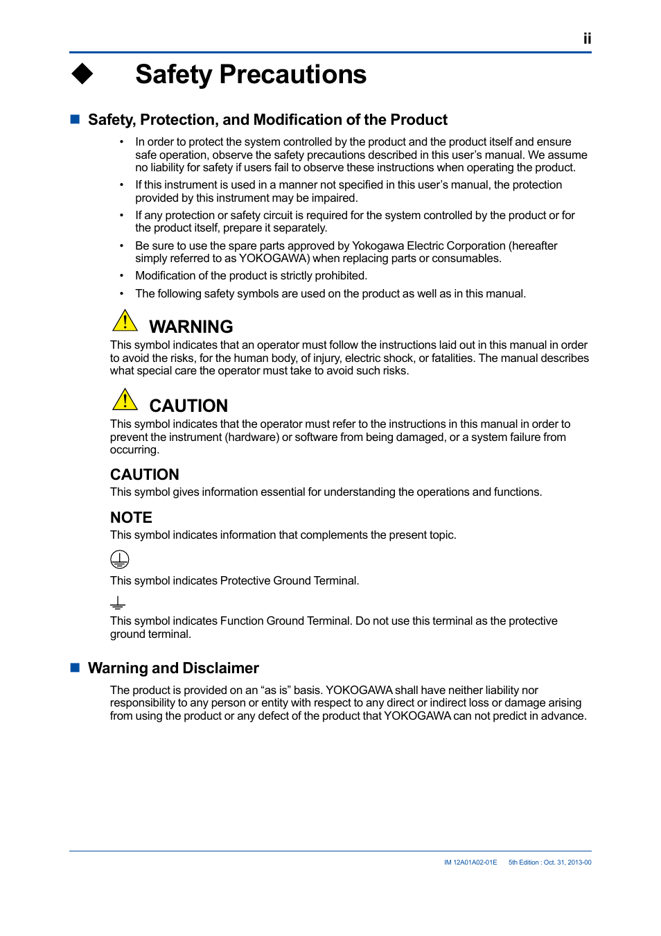 U safety precautions, Usafety precautions, Warning | Caution, Nwarning and disclaimer | Yokogawa 2-Wire Dual Channel Transmitter/Analyzer FLXA21 User Manual | Page 3 / 246