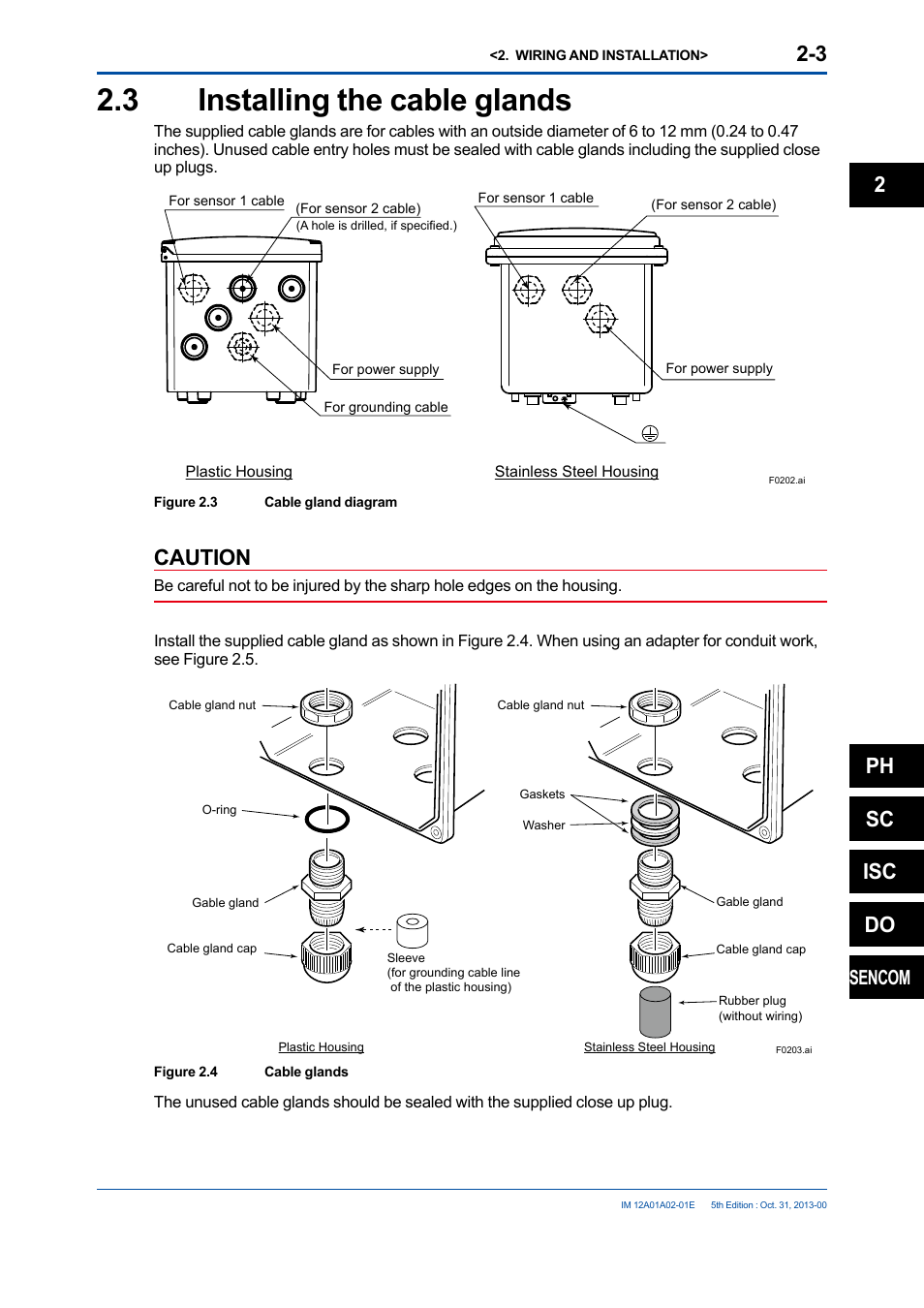 3 installing the cable glands, Installing the cable glands -3, Caution | Ph sc isc do, Sencom | Yokogawa 2-Wire Dual Channel Transmitter/Analyzer FLXA21 User Manual | Page 30 / 246