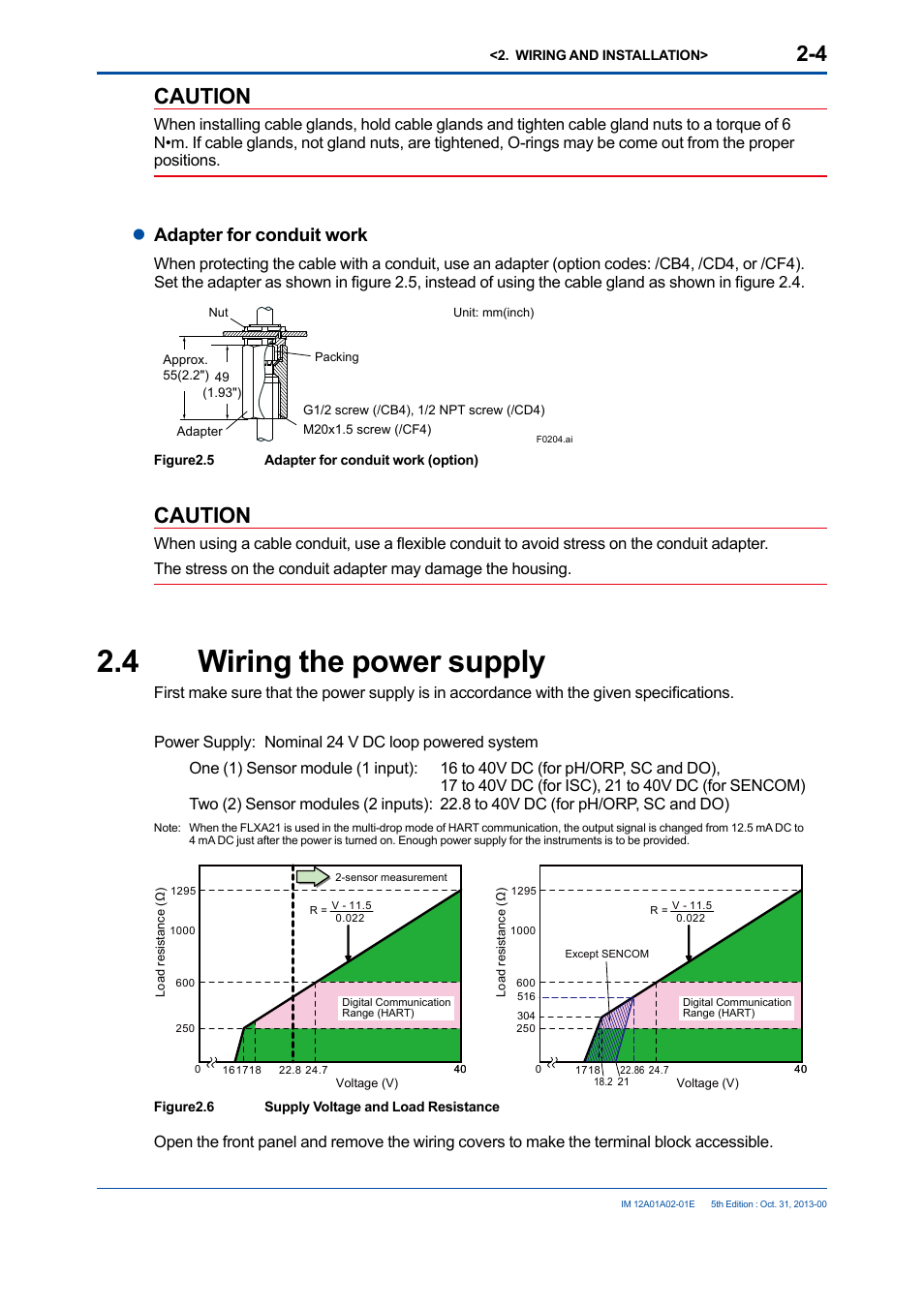 4 wiring the power supply, Wiring the power supply -4, Caution | Ladapter for conduit work | Yokogawa 2-Wire Dual Channel Transmitter/Analyzer FLXA21 User Manual | Page 31 / 246