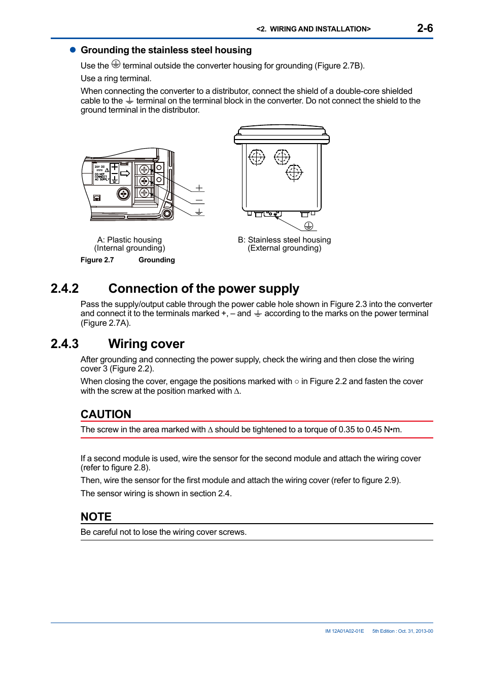 2 connection of the power supply, 3 wiring cover, Connection of the power supply -6 | Wiring cover -6, Caution | Yokogawa 2-Wire Dual Channel Transmitter/Analyzer FLXA21 User Manual | Page 33 / 246