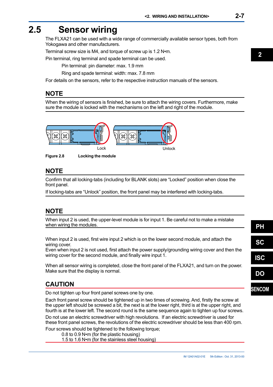 5 sensor wiring, Sensor wiring -7, Caution | Ph sc isc do | Yokogawa 2-Wire Dual Channel Transmitter/Analyzer FLXA21 User Manual | Page 34 / 246