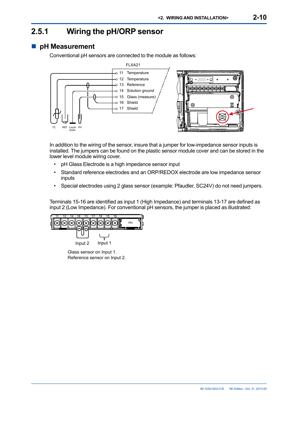 1 wiring the ph/orp sensor, Wiring the ph/orp sensor -10, Nph measurement | Yokogawa 2-Wire Dual Channel Transmitter/Analyzer FLXA21 User Manual | Page 37 / 246