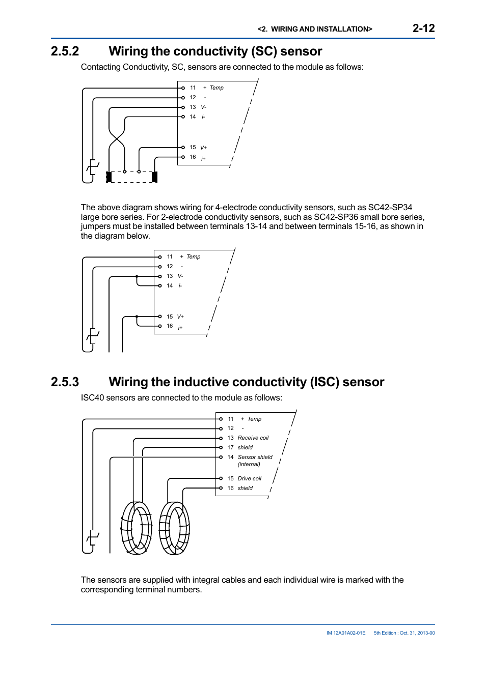 2 wiring the conductivity (sc) sensor, 3 wiring the inductive conductivity (isc) sensor, Wiring the conductivity (sc) sensor -12 | Wiring the inductive conductivity (isc) sensor -12 | Yokogawa 2-Wire Dual Channel Transmitter/Analyzer FLXA21 User Manual | Page 39 / 246