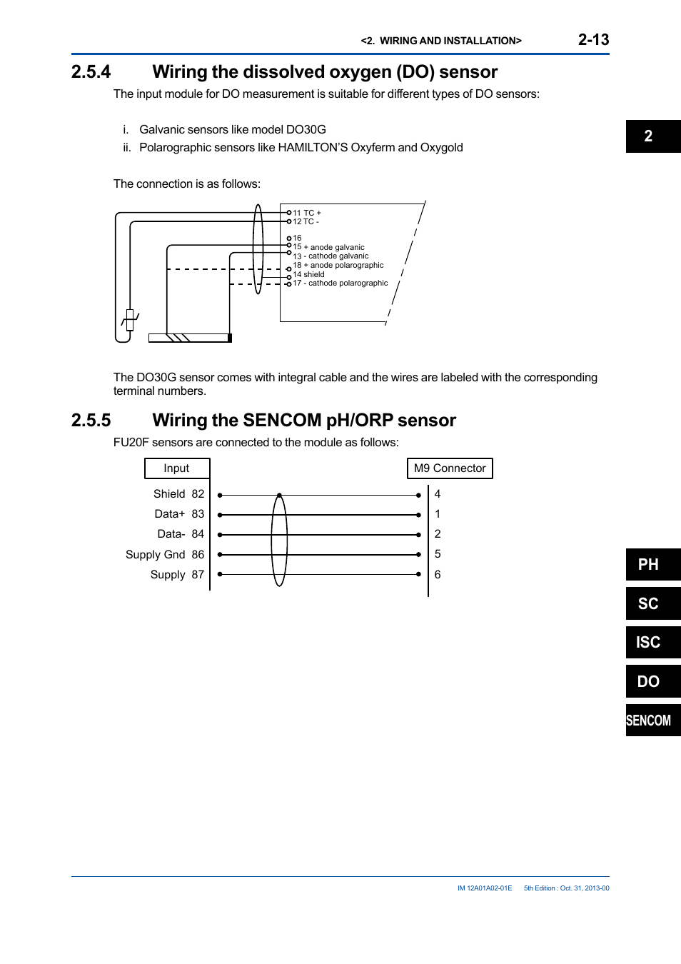 4 wiring the dissolved oxygen (do) sensor, 5 wiring the sencom ph/orp sensor, Wiring the dissolved oxygen (do) sensor -13 | Wiring the sencom ph/orp sensor -13, Ph sc isc do, Sencom | Yokogawa 2-Wire Dual Channel Transmitter/Analyzer FLXA21 User Manual | Page 40 / 246