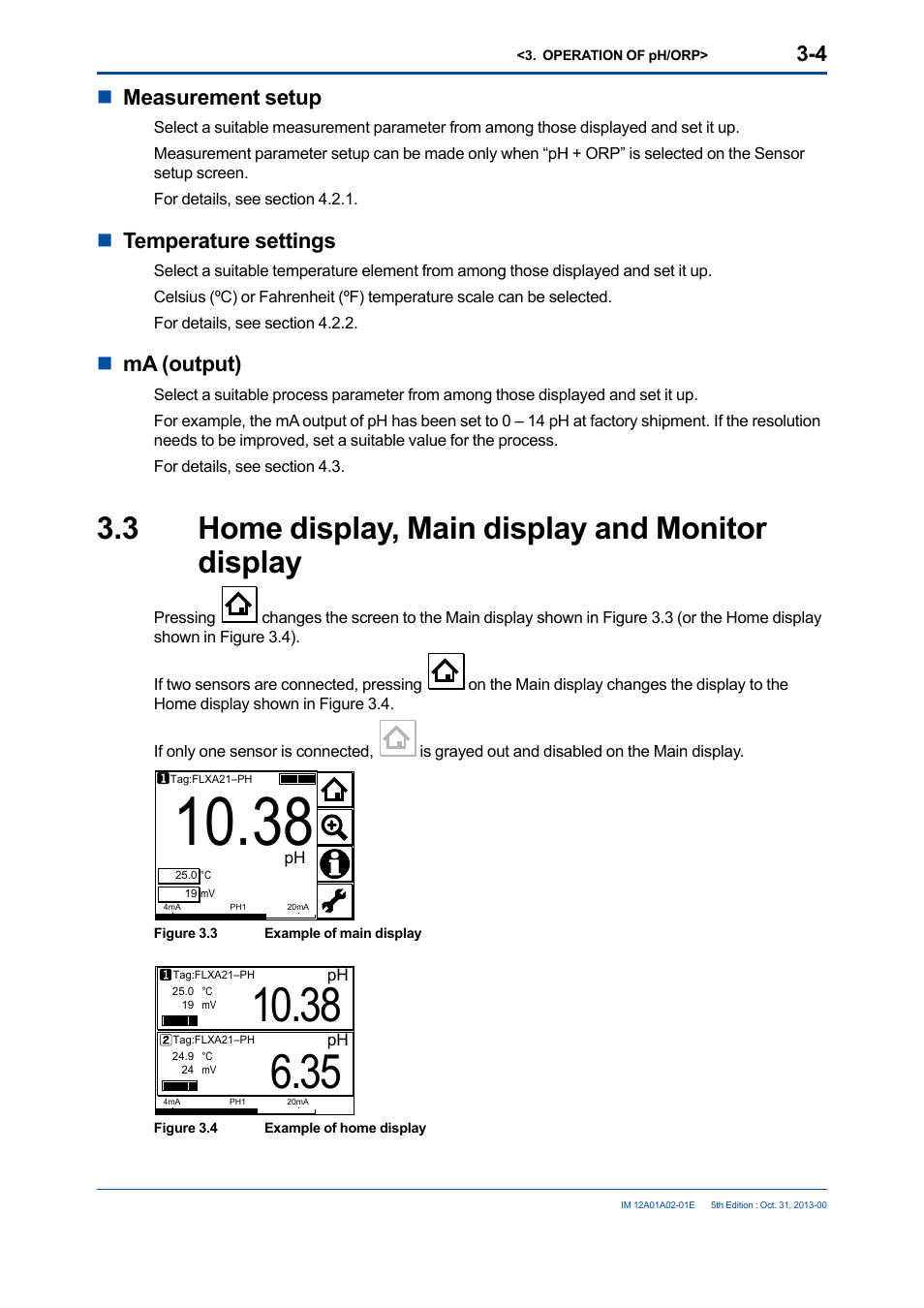 3 home display, main display and monitor display, Home display, main display and monitor display -4, Nmeasurement setup | Ntemperature settings, Nma (output) | Yokogawa 2-Wire Dual Channel Transmitter/Analyzer FLXA21 User Manual | Page 46 / 246