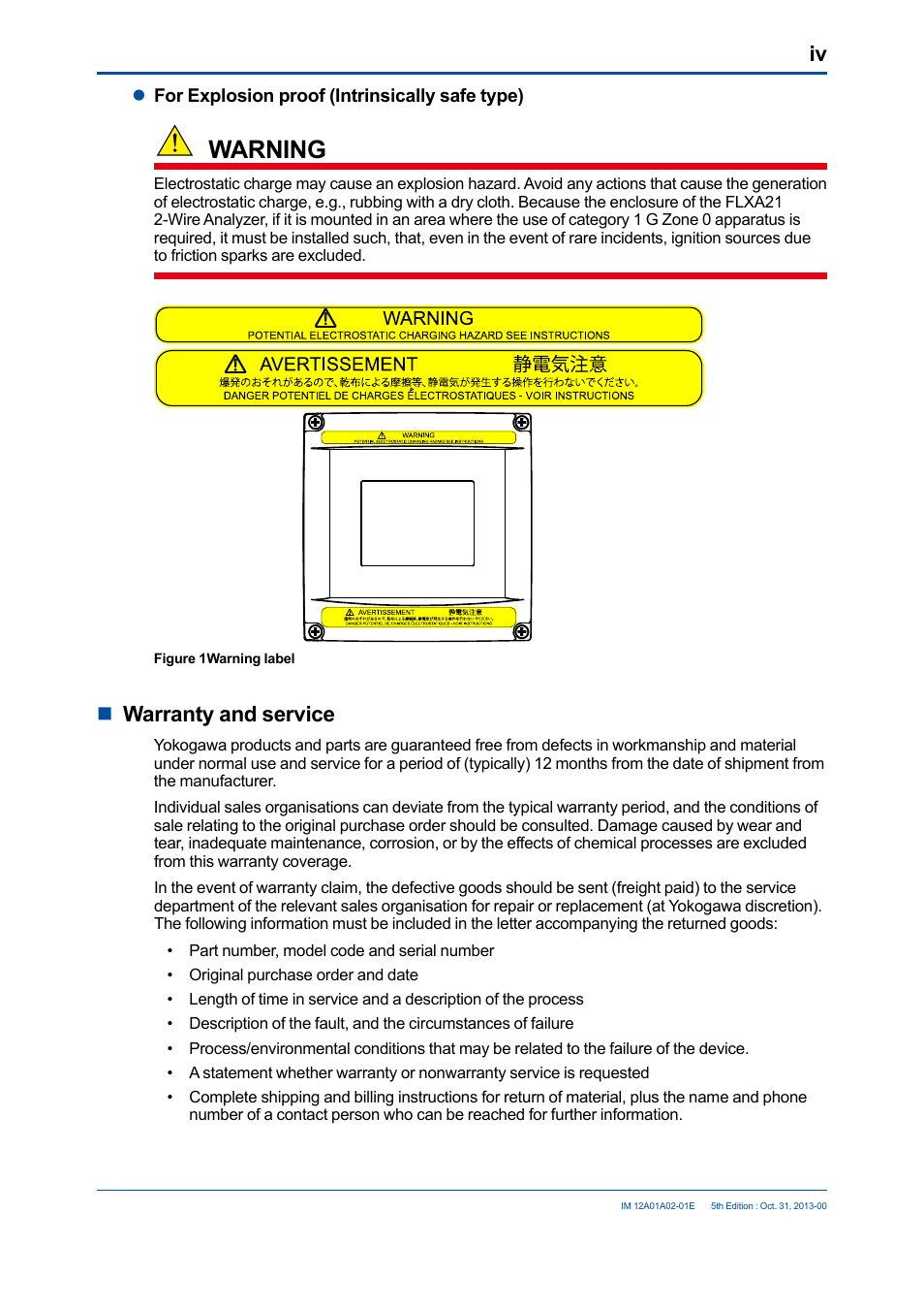 Warning, Nwarranty and service | Yokogawa 2-Wire Dual Channel Transmitter/Analyzer FLXA21 User Manual | Page 5 / 246