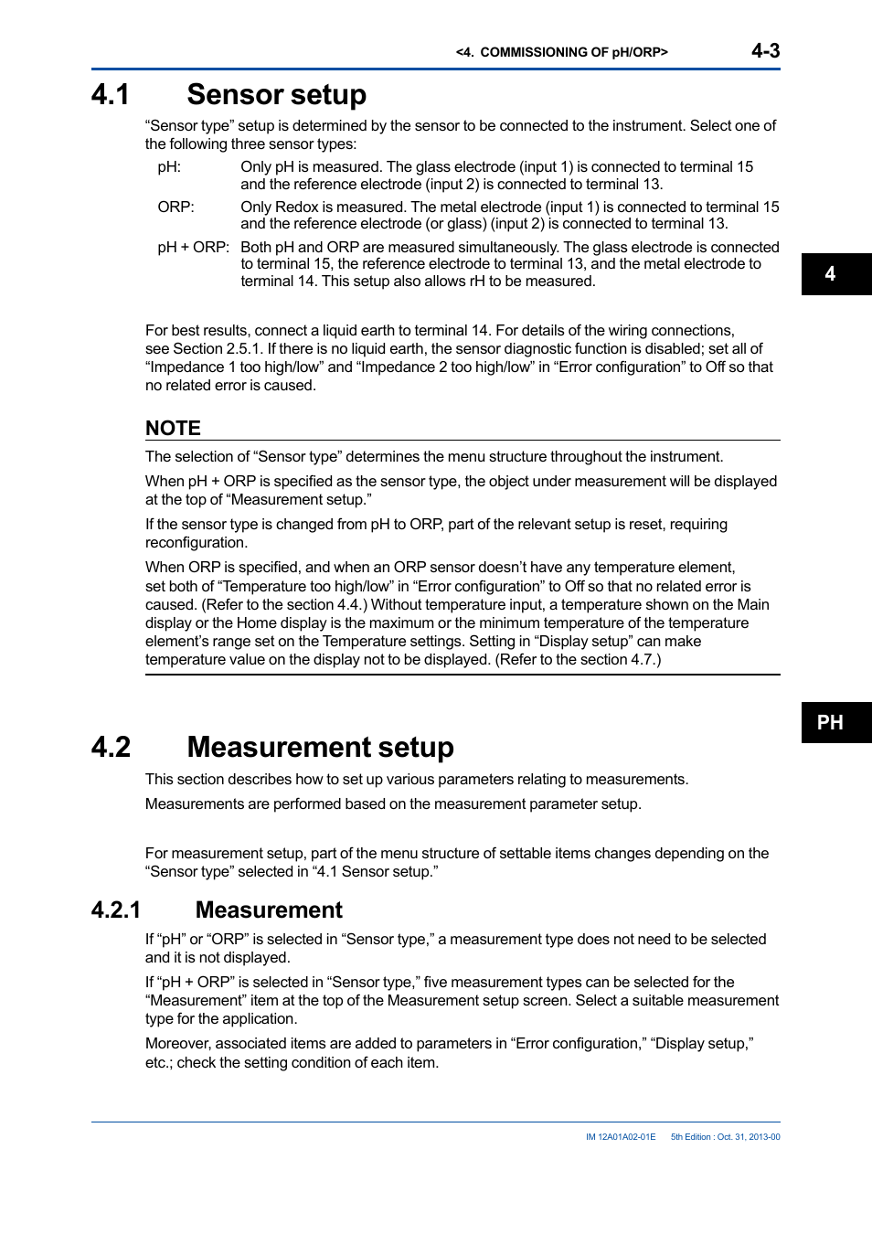 1 sensor setup, 2 measurement setup, 1 measurement | Sensor setup -3, Measurement setup -3, 1 measurement -3, Ph 4 | Yokogawa 2-Wire Dual Channel Transmitter/Analyzer FLXA21 User Manual | Page 57 / 246