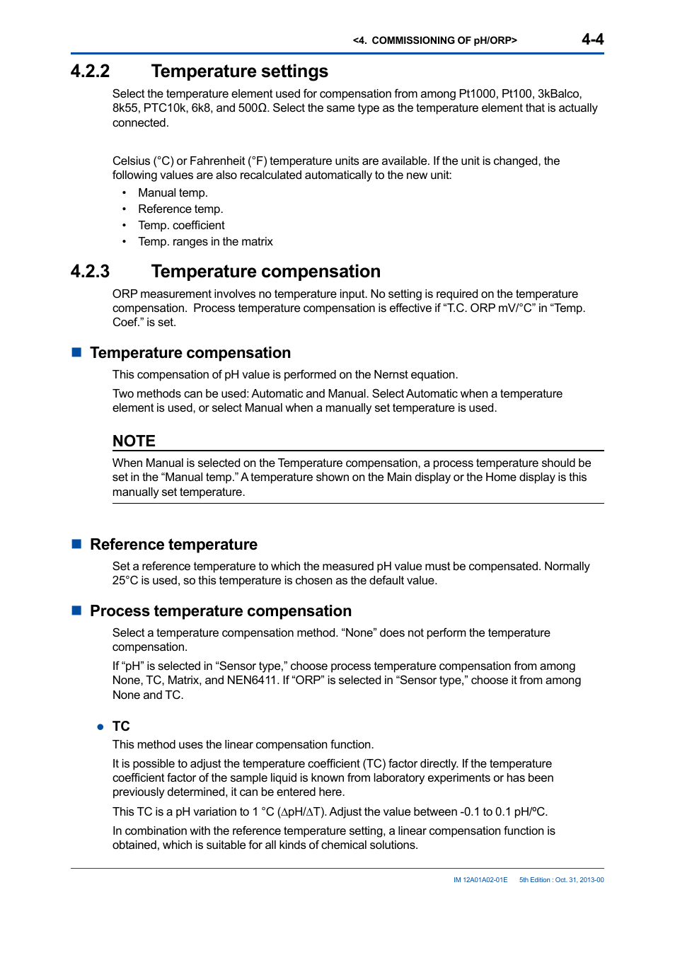 2 temperature settings, 3 temperature compensation, Temperature settings -4 | Temperature compensation -4, Ntemperature compensation, Nreference temperature, Nprocess temperature compensation | Yokogawa 2-Wire Dual Channel Transmitter/Analyzer FLXA21 User Manual | Page 58 / 246