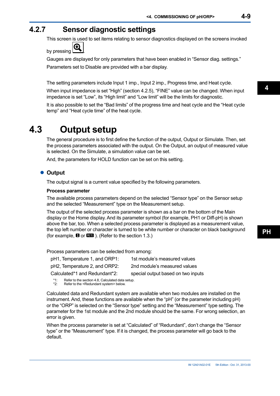 7 sensor diagnostic settings, 3 output setup, Sensor diagnostic settings -9 | Output setup -9, Ph 4 | Yokogawa 2-Wire Dual Channel Transmitter/Analyzer FLXA21 User Manual | Page 63 / 246