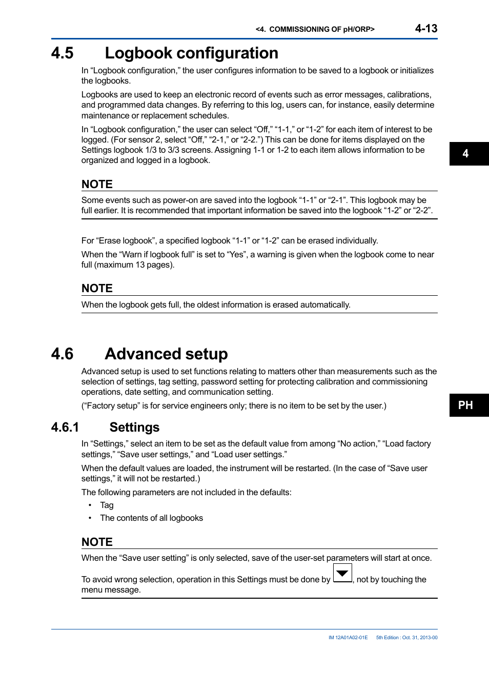 5 logbook configuration, 6 advanced setup, 1 settings | Logbook configuration -13, Advanced setup -13 4.6.1 settings -13, Ph 4 | Yokogawa 2-Wire Dual Channel Transmitter/Analyzer FLXA21 User Manual | Page 67 / 246