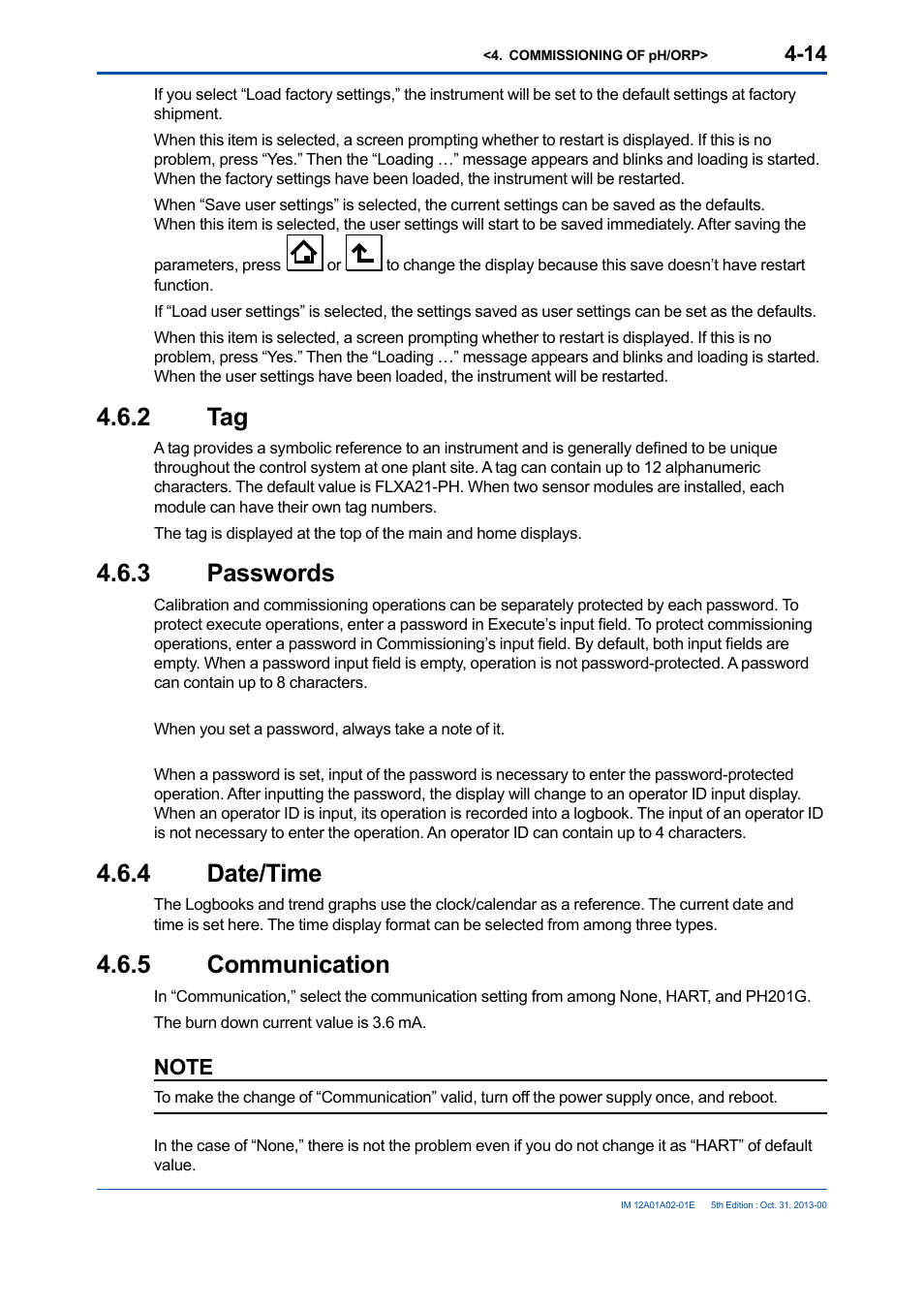 2 tag, 3 passwords, 4 date/time | 5 communication, 2 tag -14 4.6.3 passwords -14 4.6.4, Date/time -14, 5 communication -14 | Yokogawa 2-Wire Dual Channel Transmitter/Analyzer FLXA21 User Manual | Page 68 / 246