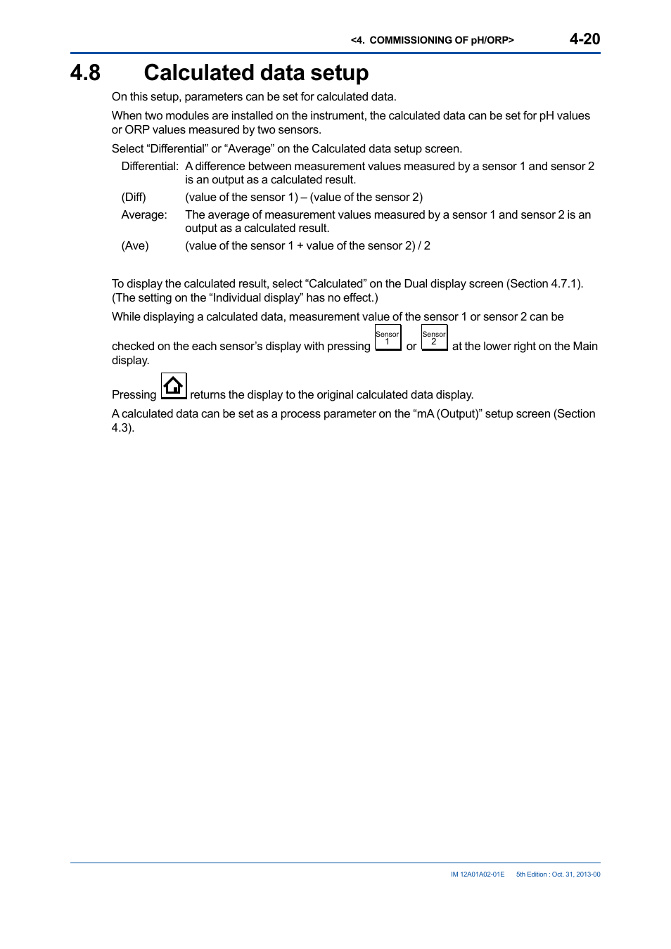 8 calculated data setup, Calculated data setup -20 | Yokogawa 2-Wire Dual Channel Transmitter/Analyzer FLXA21 User Manual | Page 74 / 246