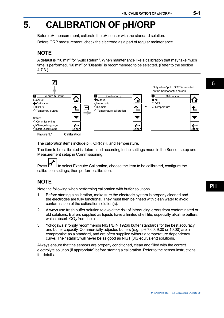 Calibration of ph/orp, Calibration of ph/orp -1, Ph 5 | Yokogawa 2-Wire Dual Channel Transmitter/Analyzer FLXA21 User Manual | Page 75 / 246